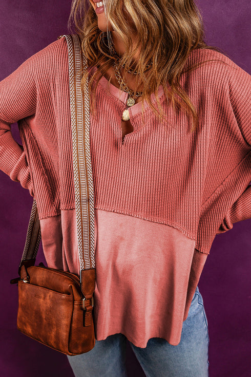 Exposed Seam Slit Neck Waffle Knit Patchwork Top